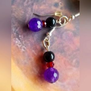Genuine Onyx over Amethyst Earrings on 92.5 Sterling Silver Hooks